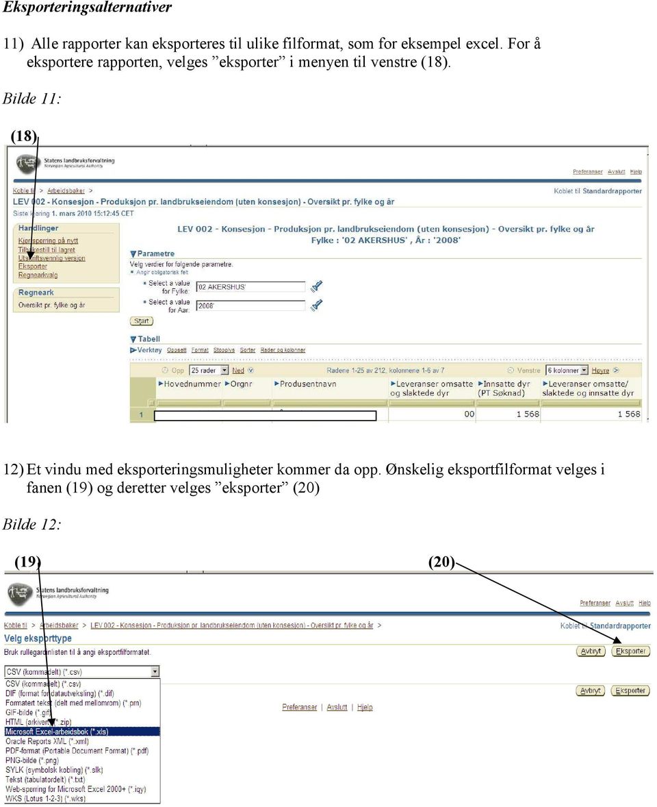 For å eksportere rapporten, velges eksporter i menyen til venstre (18).