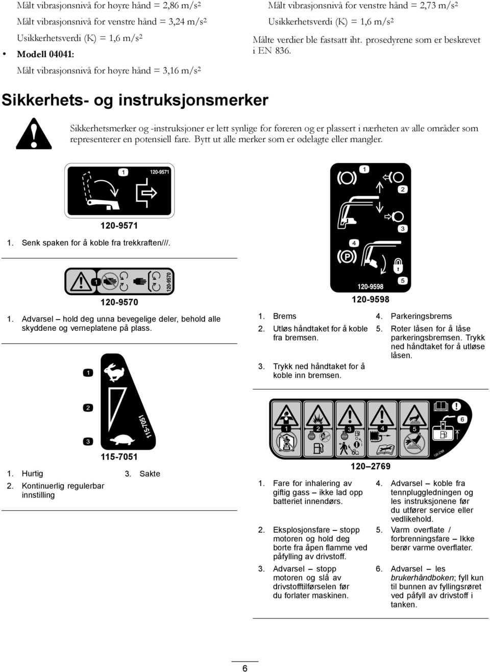 Sikkerhets- og instruksjonsmerker Sikkerhetsmerker og -instruksjoner er lett synlige for føreren og er plassert i nærheten av alle områder som representerer en potensiell fare.