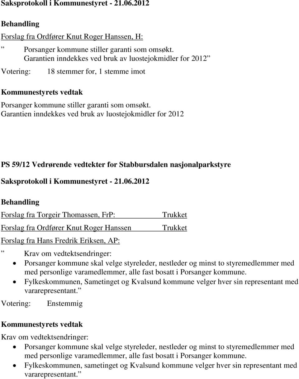 Garantien inndekkes ved bruk av luostejokmidler for 2012 PS 59/12 Vedrørende vedtekter for Stabbursdalen nasjonalparkstyre Forslag fra Torgeir Thomassen, FrP: Forslag fra Ordfører Knut Roger Hanssen