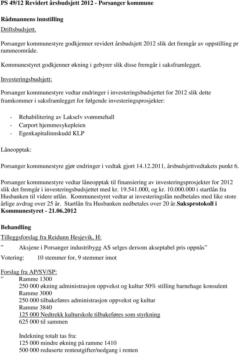 Investeringsbudsjett: Porsanger kommunestyre vedtar endringer i investeringsbudsjettet for 2012 slik dette framkommer i saksframlegget for følgende investeringsprosjekter: - Rehabilitering av Lakselv