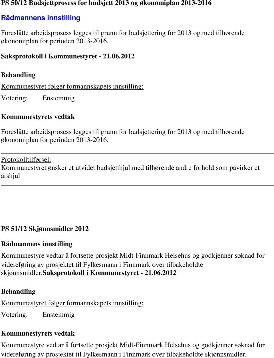 Protokolltilførsel: Kommunestyret ønsker et utvidet budsjetthjul med tilhørende andre forhold som påvirker et årshjul PS 51/12 Skjønnsmidler 2012 Kommunestyre vedtar å fortsette prosjekt