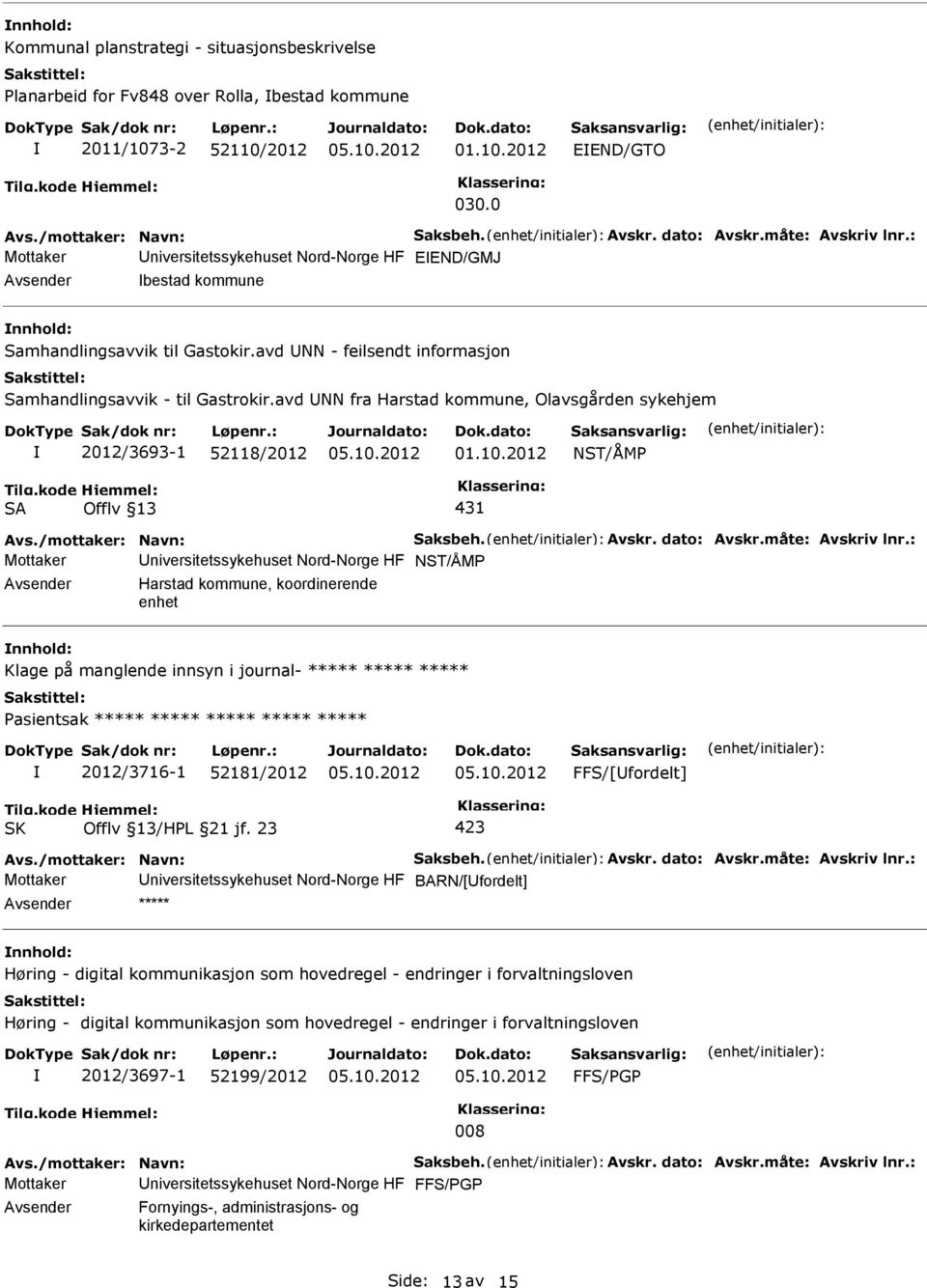 avd NN fra Harstad kommune, Olavsgården sykehjem 2012/3693-1 52118/2012 01.10.2012 NST/ÅMP SA Offlv 13 431 Avs./mottaker: Navn: Saksbeh. Avskr. dato: Avskr.måte: Avskriv lnr.