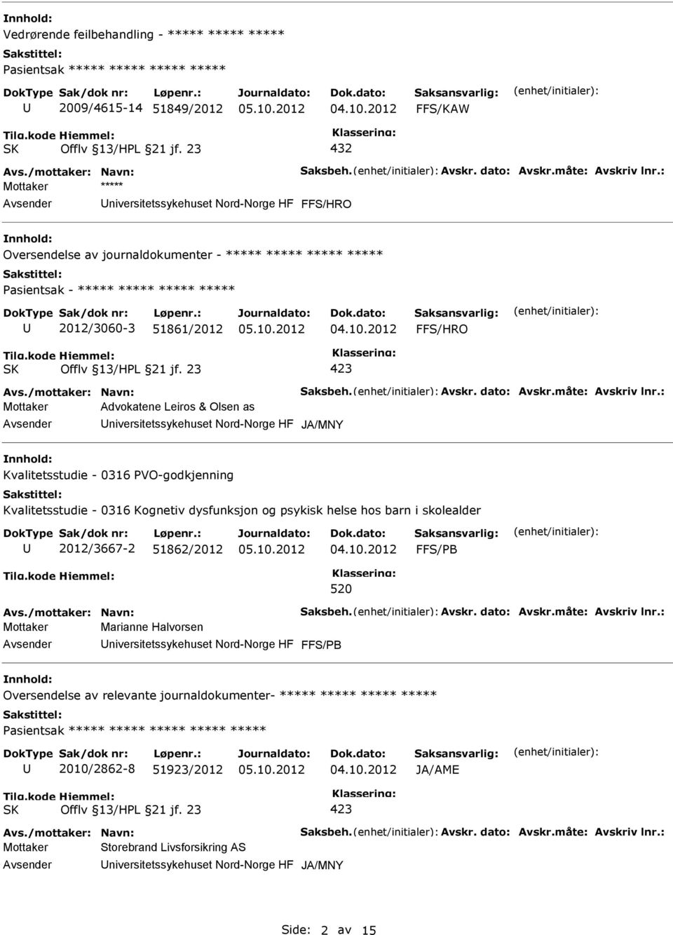 : Mottaker Advokatene Leiros & Olsen as JA/MNY nnhold: Kvalitetsstudie - 0316 PVO-godkjenning Kvalitetsstudie - 0316 Kognetiv dysfunksjon og psykisk helse hos barn i skolealder 2012/3667-2 51862/2012