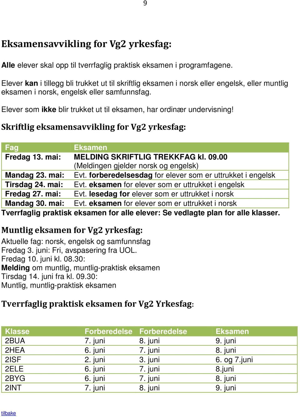 Elever som ikke blir trukket ut til eksamen, har ordinær undervisning! Skriftlig eksamensavvikling for Vg2 yrkesfag: Fag Fredag 13. mai: MELDING SKRIFTLIG TREKKFAG kl. 09.