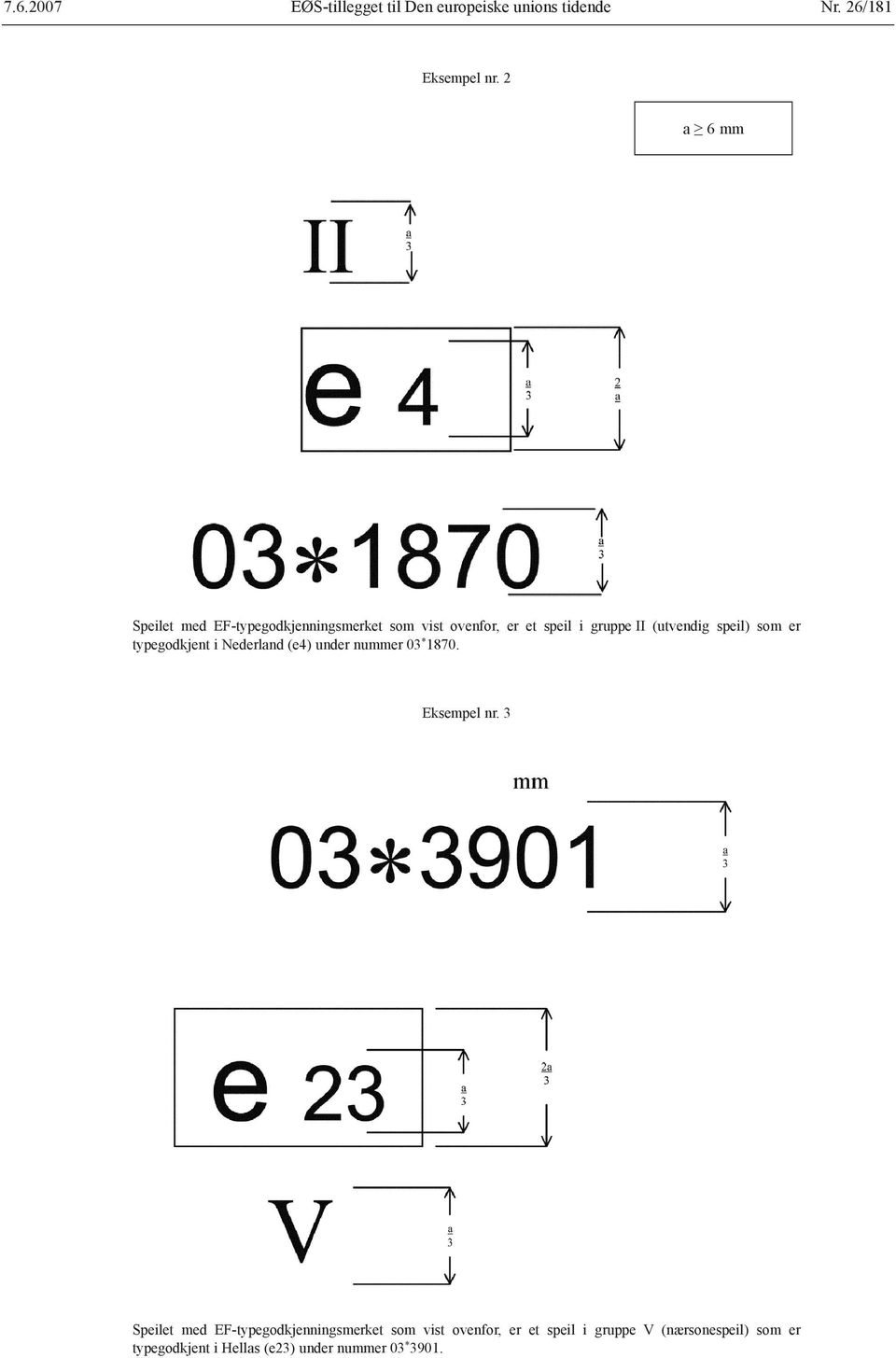 speil) som er typegodkjent i Nederland (e4) under nummer 03 * 1870. Eksempel nr.