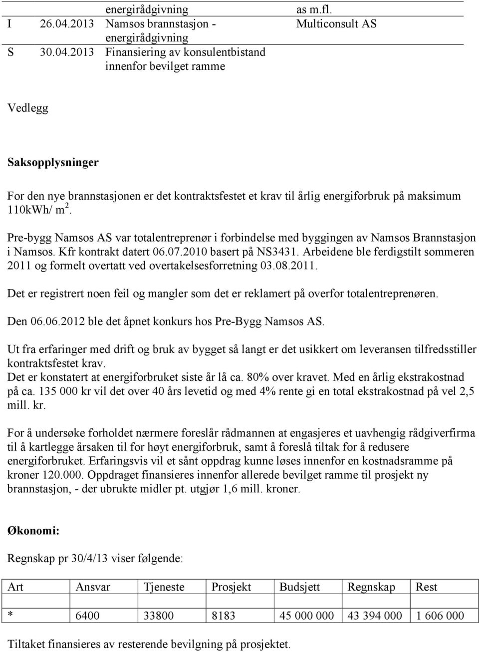 Pre-bygg Namsos var totalentreprenør i forbindelse med byggingen av Namsos Brannstjon i Namsos. Kfr kontrakt datert 06.07.2010 bert på NS3431.