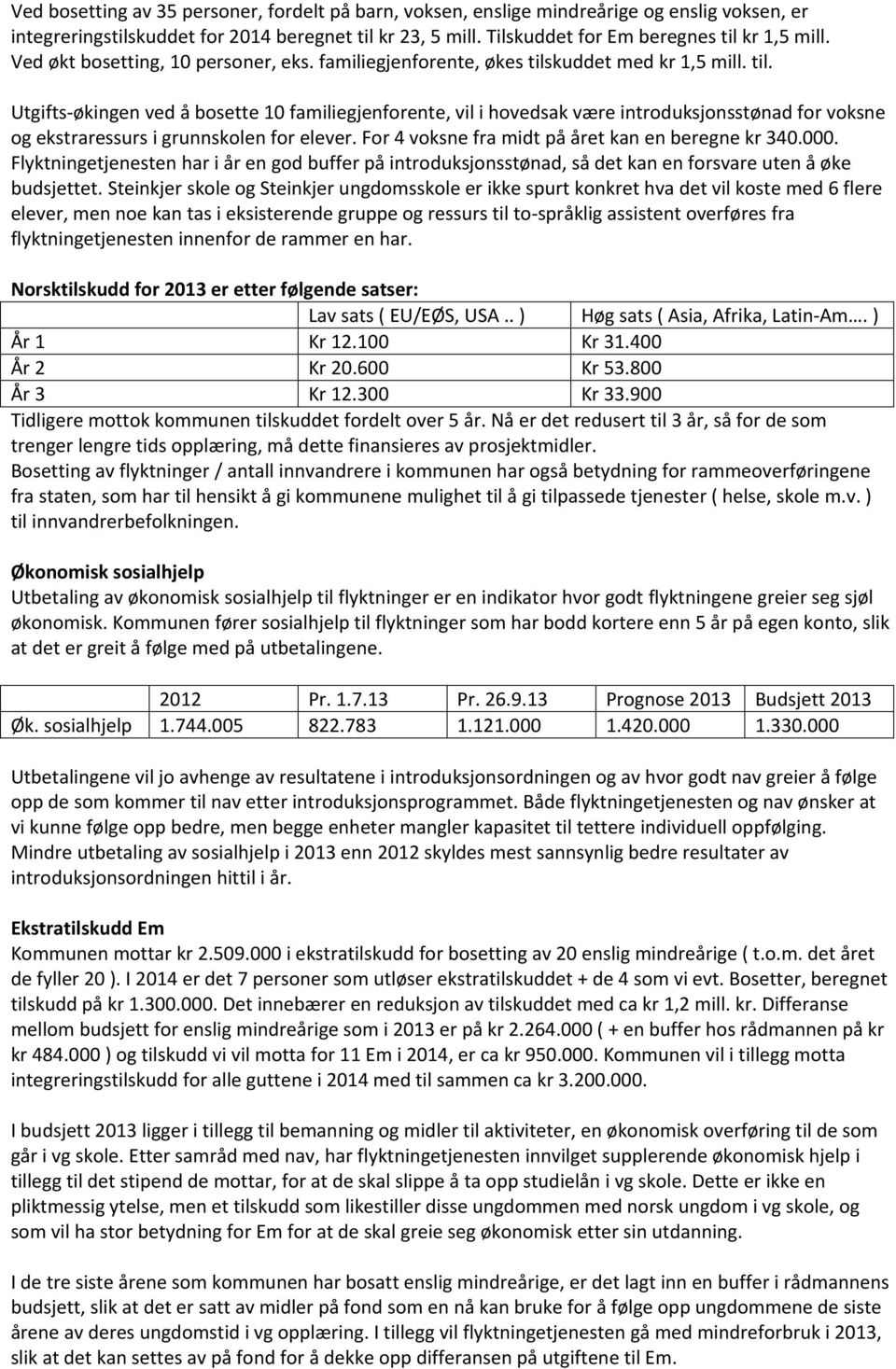 kuddet med kr 1,5 mill. til. Utgifts-økingen ved å bosette 10 familiegjenforente, vil i hovedsak være introduksjonsstønad for voksne og ekstraressurs i grunnskolen for elever.