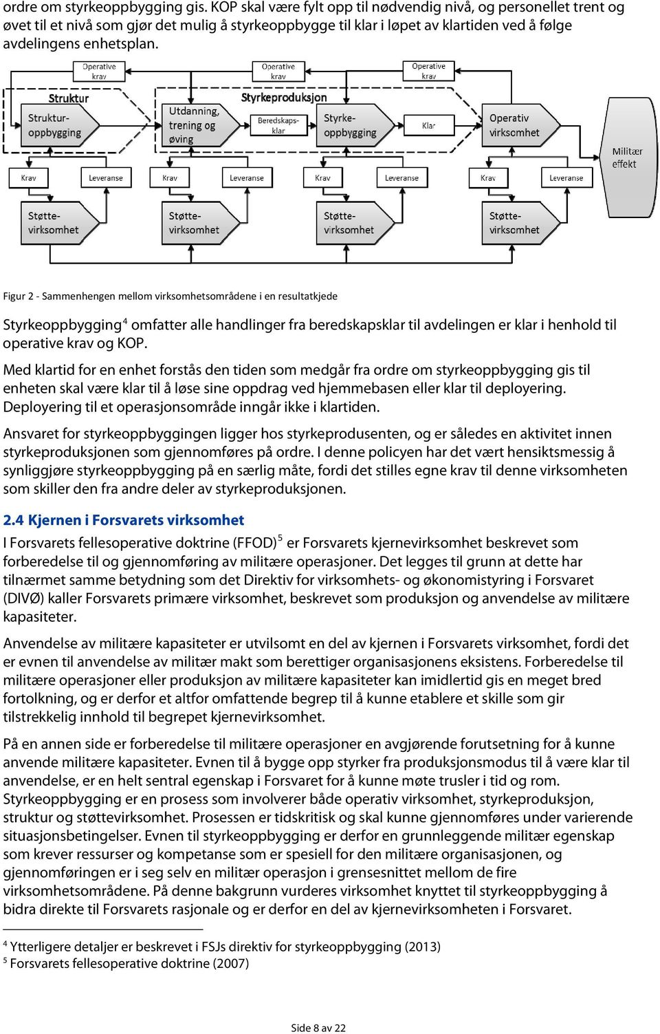 Figur 2 Sammenhengen mellom virksomhetsområdene i en resultatkjede Styrkeoppbygging 4 omfatter alle handlinger fra beredskapsklar til avdelingen er klar i henhold til operative krav og KOP.