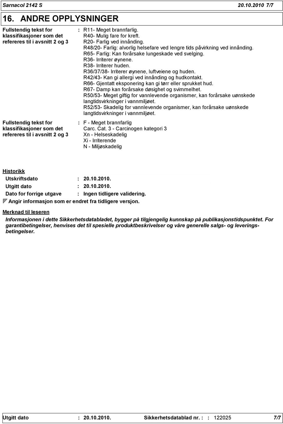 R6/7/8- Irriterer øynene, luftveiene og huden. R42/4- Kan gi allergi ved innånding og hudkontakt. R66- Gjentatt eksponering kan gi tørr eller sprukket hud.