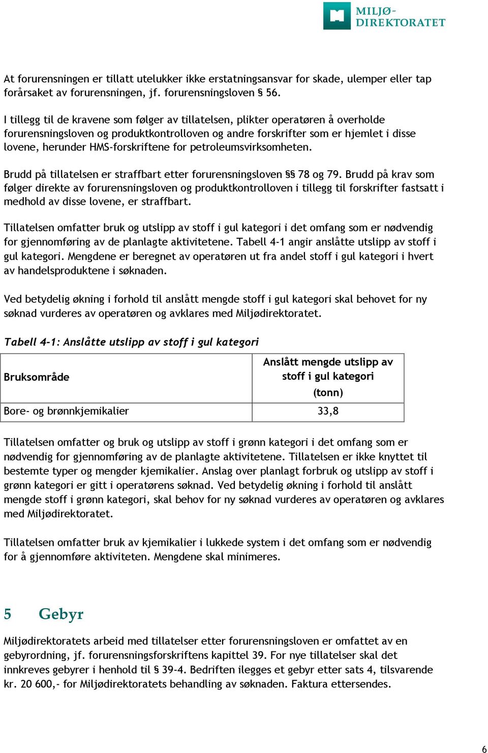 HMS-forskriftene for petroleumsvirksomheten. Brudd på tillatelsen er straffbart etter forurensningsloven 78 og 79.