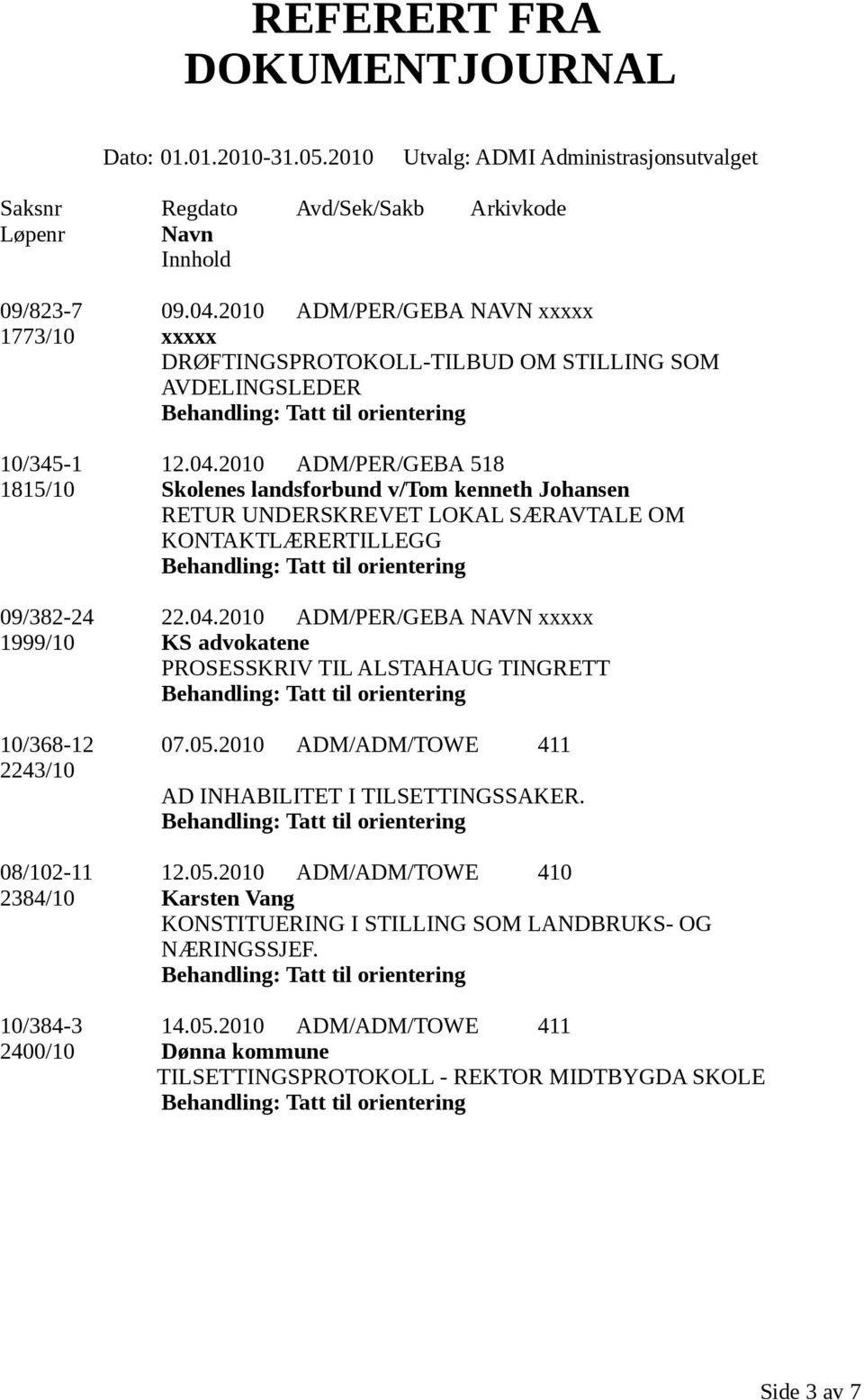 2010 ADM/PER/GEBA 518 1815/10 Skolenes landsforbund v/tom kenneth Johansen RETUR UNDERSKREVET LOKAL SÆRAVTALE OM KONTAKTLÆRERTILLEGG 09/382-24 22.04.