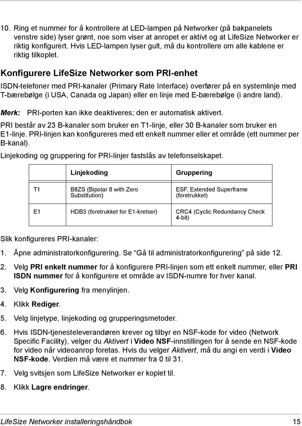 Konfigurere LifeSize Networker som PRI-enhet ISDN-telefoner med PRI-kanaler (Primary Rate Interface) overfører på en systemlinje med T-bærebølge (i USA, Canada og Japan) eller en linje med