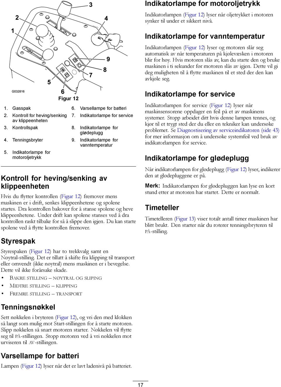 Hvis motoren slås av, kan du starte den og bruke maskinen i ti sekunder før motoren slås av igjen. Dette vil gi deg muligheten til å flytte maskinen til et sted der den kan avkjøle seg. Figur 2.