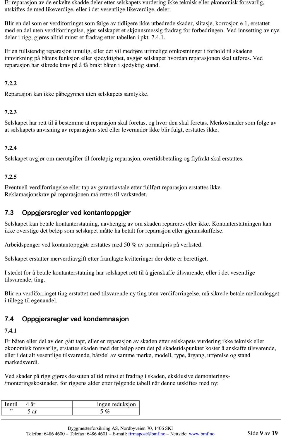 forbedringen. Ved innsetting av nye deler i rigg, gjøres alltid minst et fradrag etter tabellen i pkt. 7.4.1.