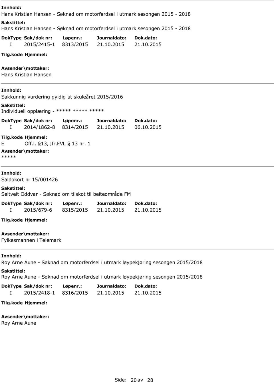 1 Saldokort nr 15/001426 Seltveit Oddvar - Søknad om tilskot til beiteområde FM 2015/679-6 8315/2015 Fylkesmannen i Telemark Roy rne une - Søknad om motorferdsel i