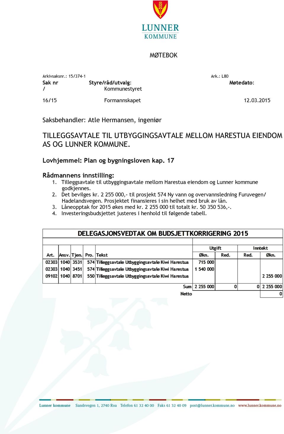 17 Rådmannens innstilling: 1. Tilleggsavtale til utbyggingsavtale mellom Harestua eiendom og Lunner kommune godkjennes. 2. Det bevilges kr.