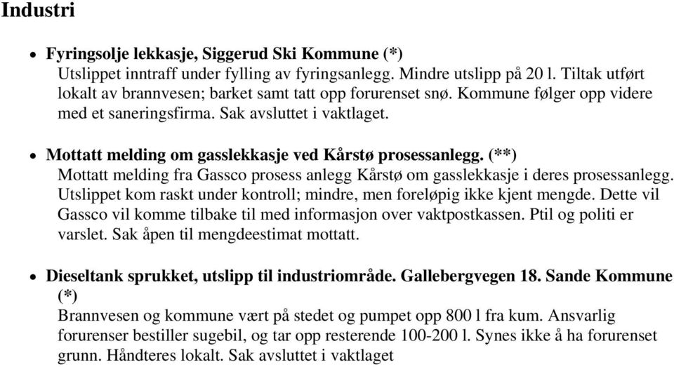 Mottatt melding om gasslekkasje ved Kårstø prosessanlegg. (**) Mottatt melding fra Gassco prosess anlegg Kårstø om gasslekkasje i deres prosessanlegg.