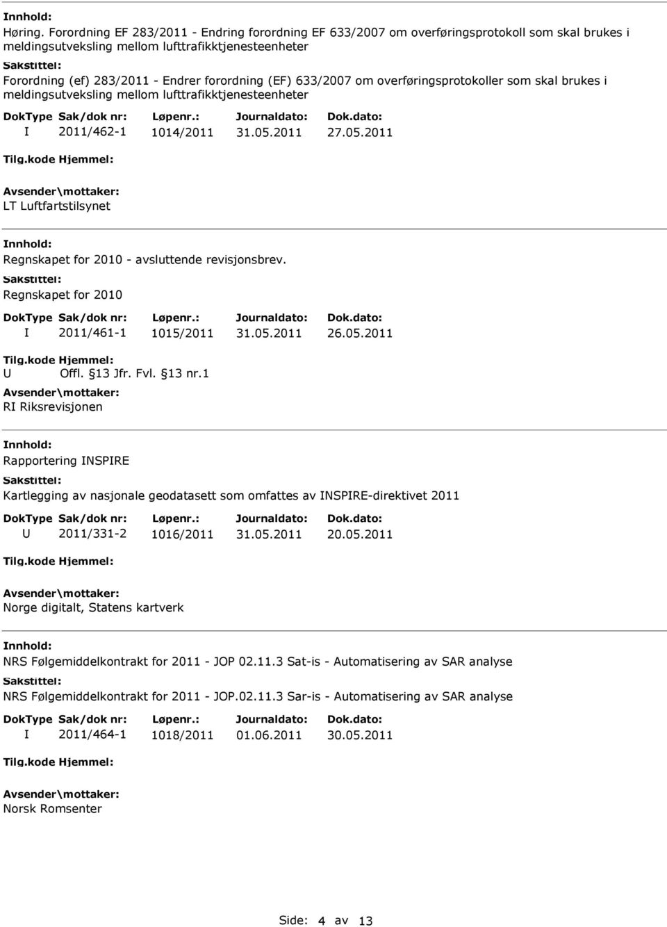 (EF) 633/2007 om overføringsprotokoller som skal brukes i meldingsutveksling mellom lufttrafikktjenesteenheter 2011/462-1 1014/2011 27.05.