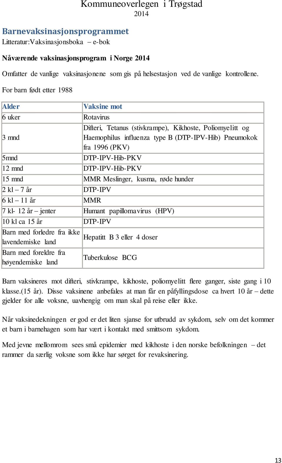 For barn født etter 1988 Alder Vaksine mot 6 uker Rotavirus Difteri, Tetanus (stivkrampe), Kikhoste, Poliomyelitt og 3 mnd Haemophilus influenza type B (DTP-IPV-Hib) Pneumokok fra 1996 (PKV) 5mnd