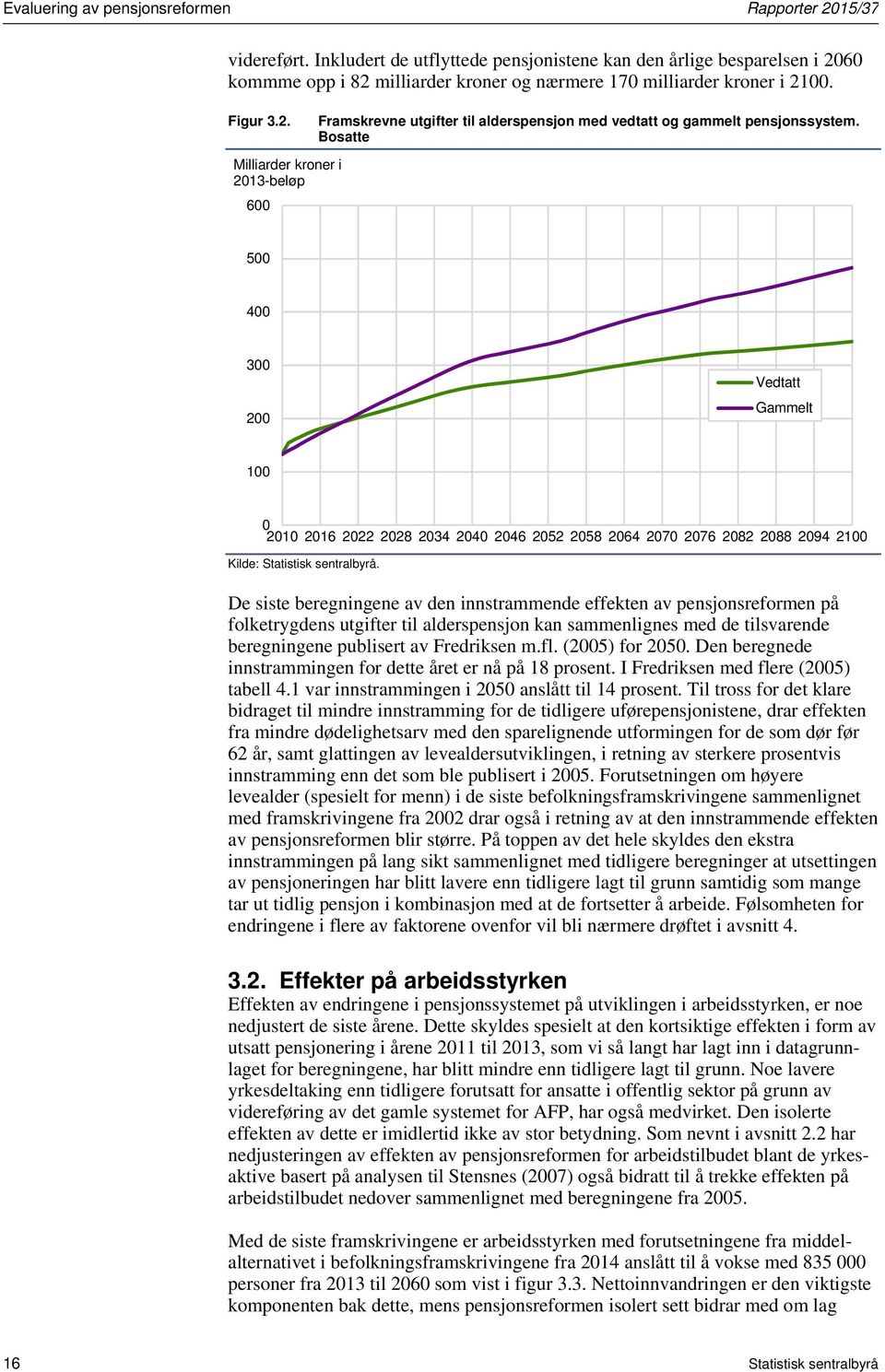 De siste beregningene av den innstrammende effekten av pensjonsreformen på folketrygdens utgifter til alderspensjon kan sammenlignes med de tilsvarende beregningene publisert av Fredriksen m.fl.