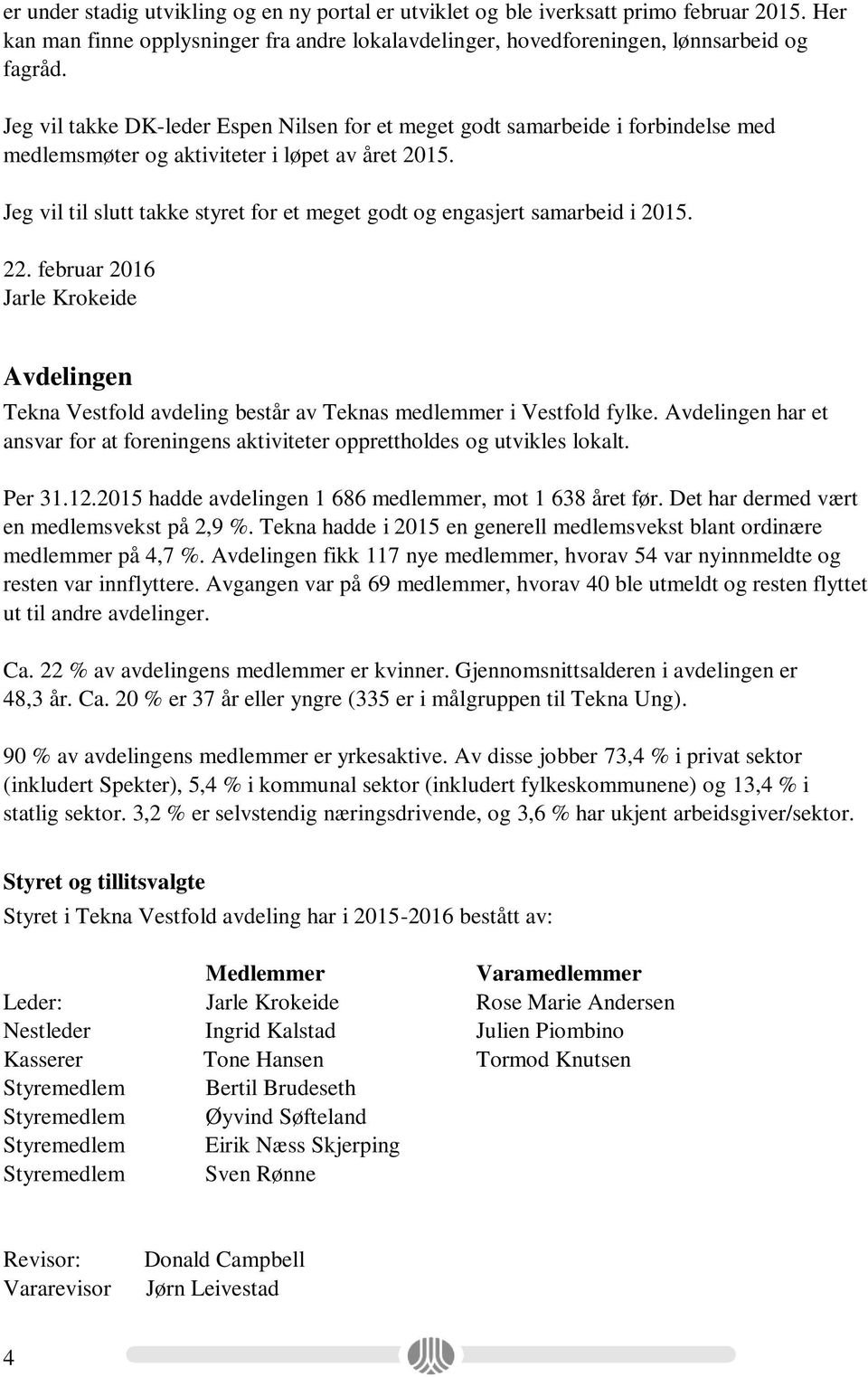 Jeg vil til slutt takke styret for et meget godt og engasjert samarbeid i 2015. 22. februar 2016 Jarle Krokeide Avdelingen Tekna Vestfold avdeling består av Teknas medlemmer i Vestfold fylke.