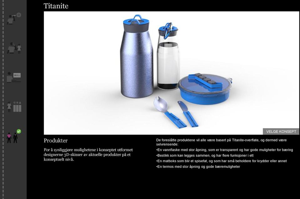 De foreslåtte produktene vil alle være basert på Titanite-overflate, og dermed være selvrensende: En vannflaske med stor åpning,