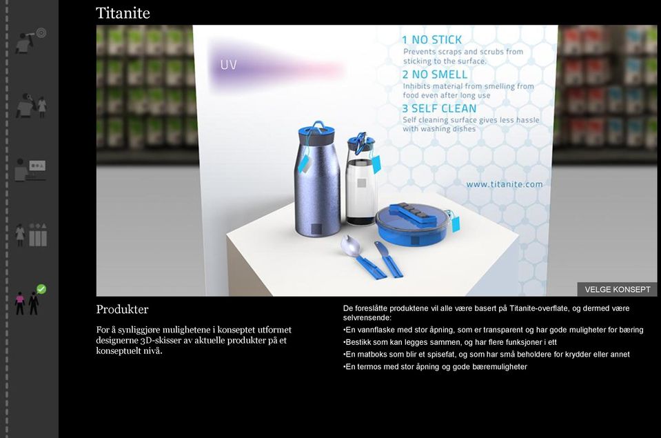 De foreslåtte produktene vil alle være basert på Titanite-overflate, og dermed være selvrensende: En vannflaske med stor åpning,