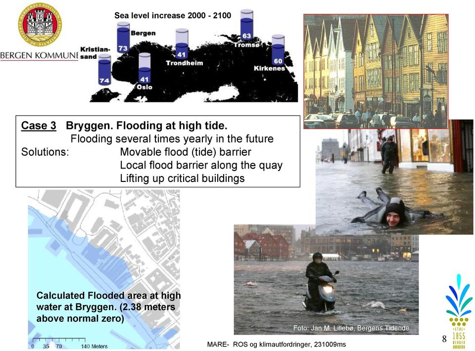 Local flood barrier along the quay Lifting up critical buildings Calculated Flooded