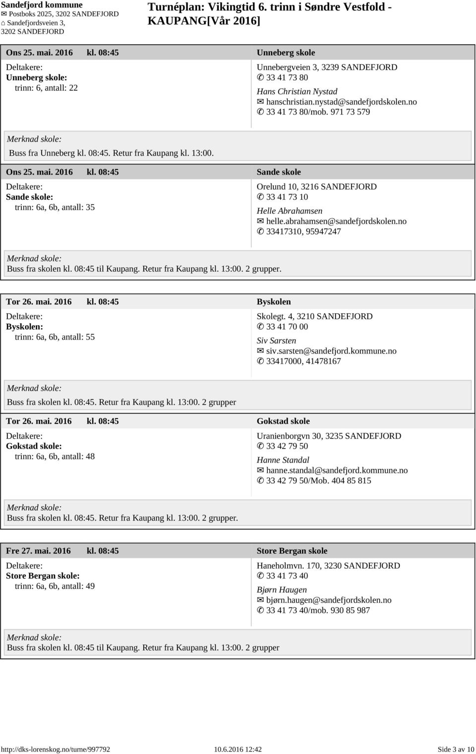 08:45 Sande skole Sande skole: trinn: 6a, 6b, antall: 35 Orelund 10, 3216 SANDEFJORD 33 41 73 10 Helle Abrahamsen helle.abrahamsen@sandefjordskolen.no 33417310, 95947247 Buss fra skolen kl.