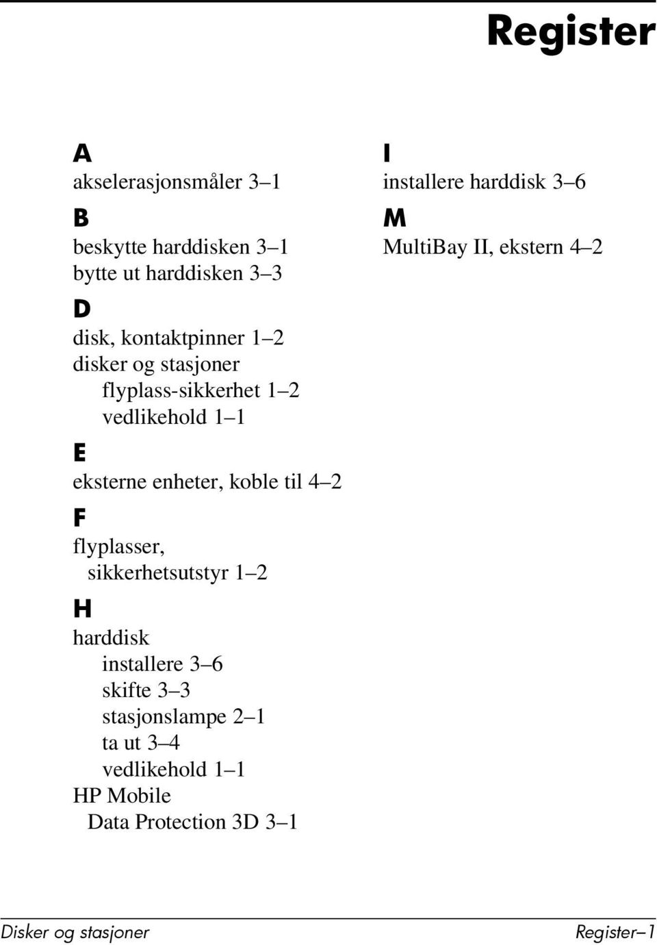 sikkerhetsutstyr 1 2 H harddisk installere 3 6 skifte 3 3 stasjonslampe 2 1 ta ut 3 4 vedlikehold 1 1 HP