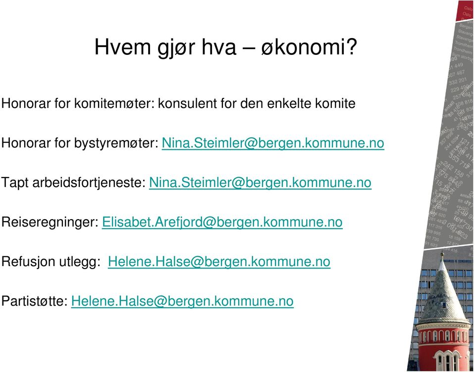 Nina.Steimler@bergen.kommune.no Tapt arbeidsfortjeneste: Nina.Steimler@bergen.kommune.no Reiseregninger: Elisabet.