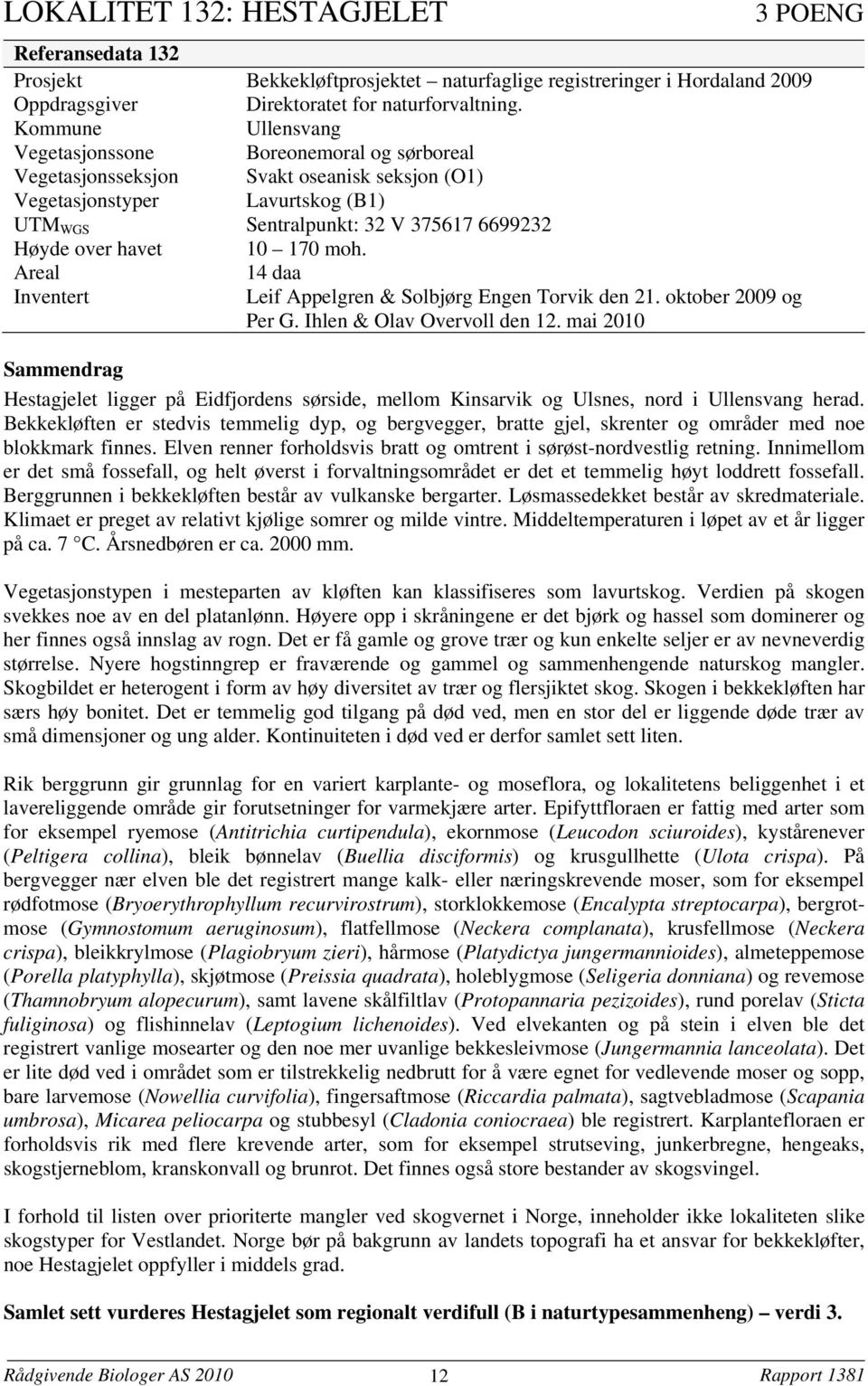 10 170 moh. Areal 14 daa Inventert Leif Appelgren & Solbjørg Engen Torvik den 21. oktober 2009 og Per G. Ihlen & Olav Overvoll den 12.