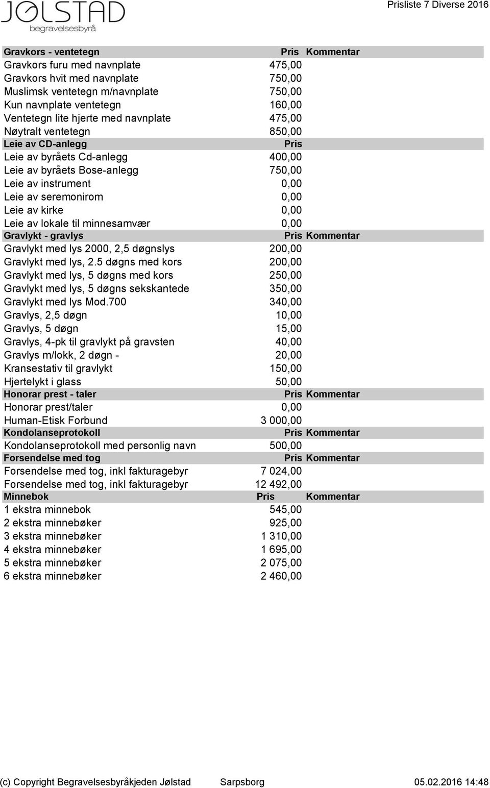 av seremonirom 0,00 0 Leie av kirke 0,00 0 Leie av lokale til minnesamvær 0,00 0 Gravlykt - gravlys Gravlykt med lys 2000, 2,5 døgnslys 200,00 0 Gravlykt med lys, 2.