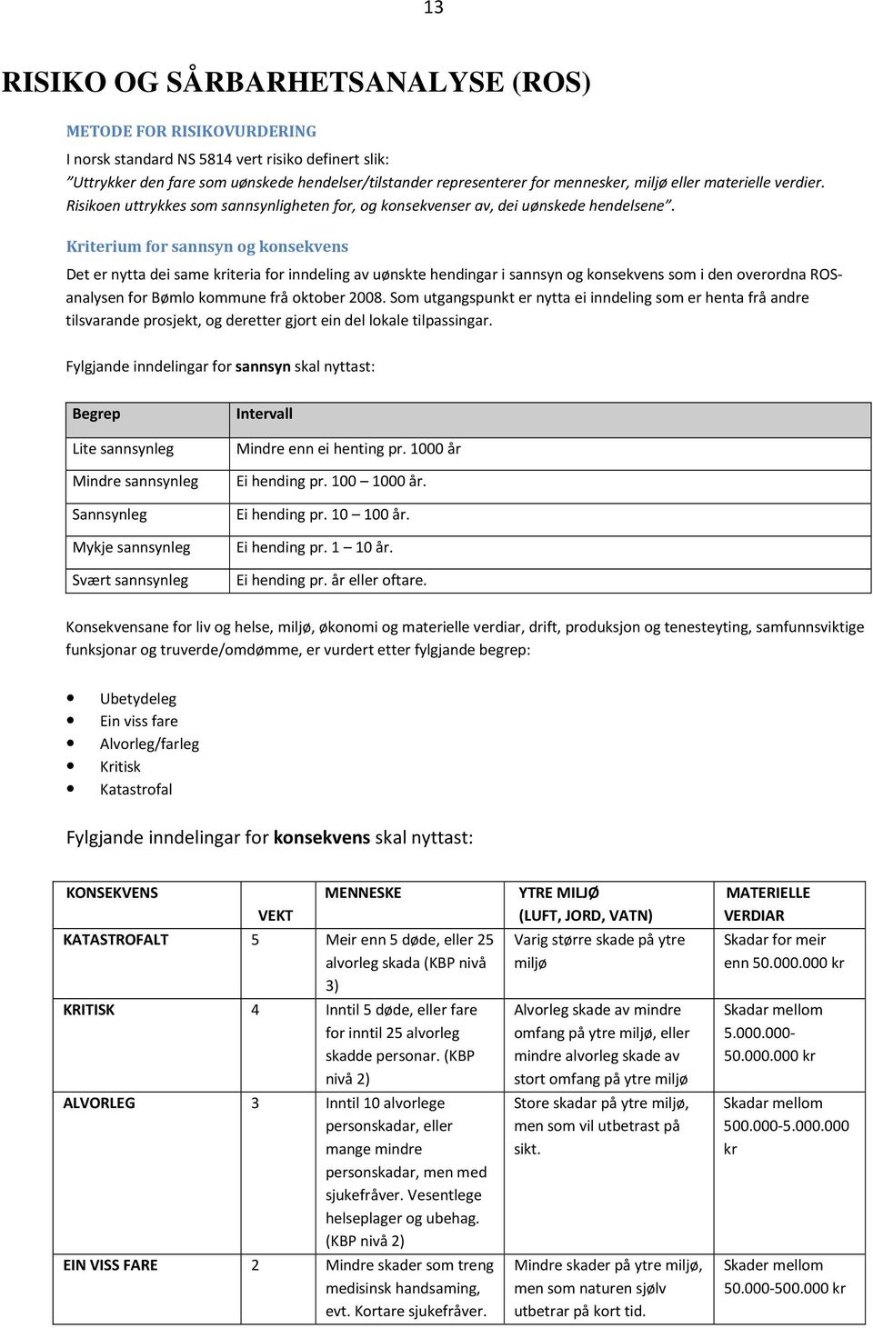 Kriterium for sannsyn og konsekvens Det er nytta dei same kriteria for inndeling av uønskte hendingar i sannsyn og konsekvens som i den overordna ROSanalysen for Bømlo kommune frå oktober 2008.