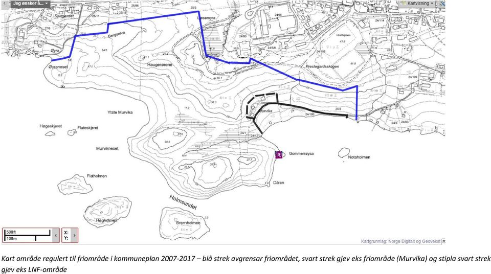 friområdet, svart strek gjev eks friområde