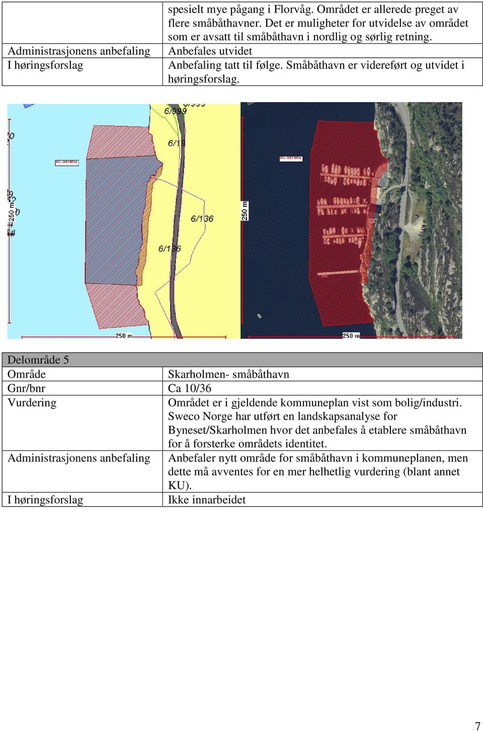 Småbåthavn er videreført og utvidet i høringsforslag. Delområde 5 Skarholmen- småbåthavn Ca 10/36 t er i gjeldende kommuneplan vist som bolig/industri.