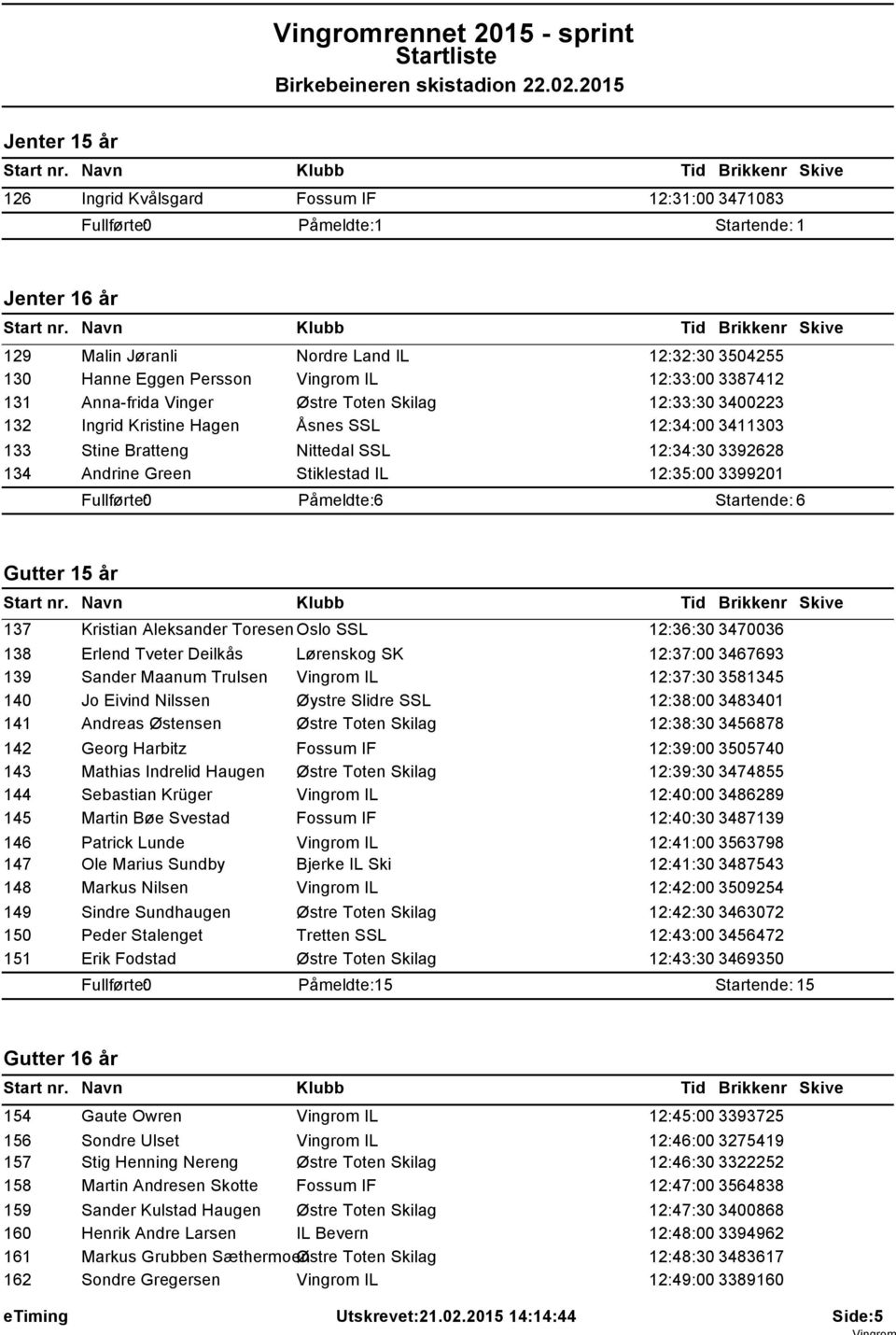 12:35:00 3399201 Påmeldte: 6 Startende: 6 Gutter 15 år 137 Kristian Aleksander Toresen Oslo SSL 12:36:30 3470036 138 Erlend Tveter Deilkås Lørenskog SK 12:37:00 3467693 139 Sander Maanum Trulsen