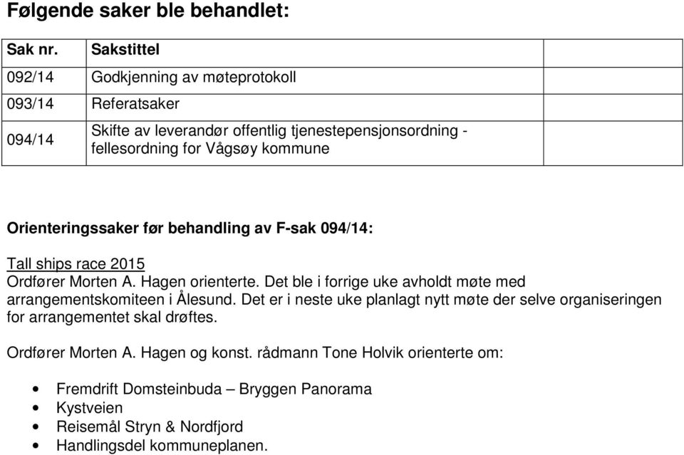 kommune Orienteringssaker før behandling av F-sak 094/14: Tall ships race 2015 Ordfører Morten A. Hagen orienterte.