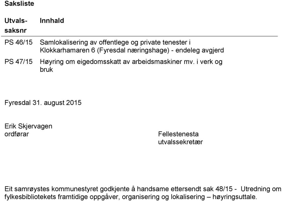 august 2015 Erik Skjervagen ordførar Fellestenesta utvalssekretær Eit samrøystes kommunestyret godkjente å handsame