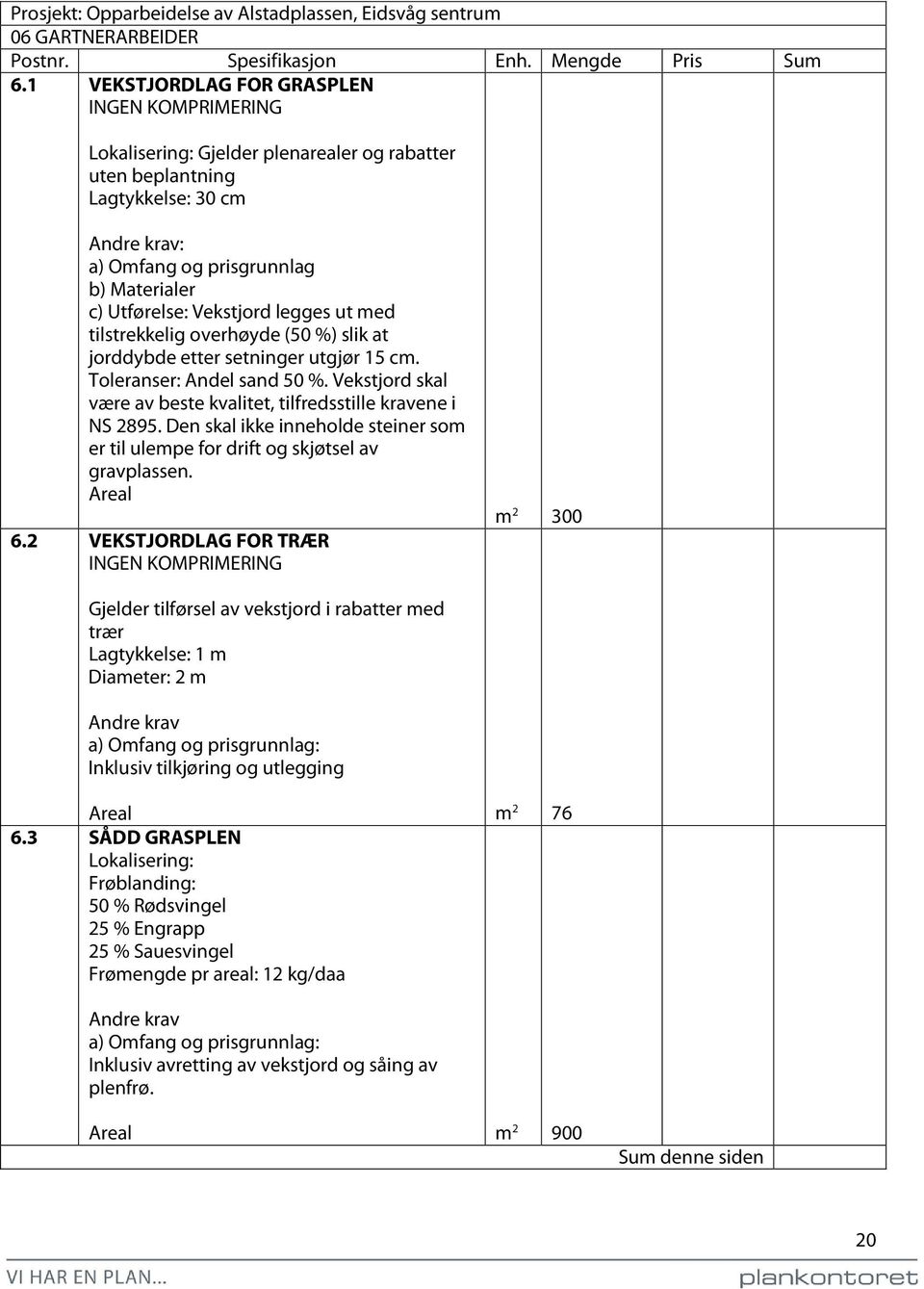 ut med tilstrekkelig overhøyde (50 %) slik at jorddybde etter setninger utgjør 15 cm. Toleranser: Andel sand 50 %. Vekstjord skal være av beste kvalitet, tilfredsstille kravene i NS 2895.