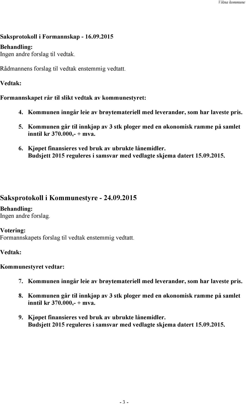 Kjøpet finansieres ved bruk av ubrukte lånemidler. Saksprotokoll i Kommunestyre - 24.09.2015 Behandling: Ingen andre forslag. Votering: Formannskapets forslag til vedtak enstemmig vedtatt.