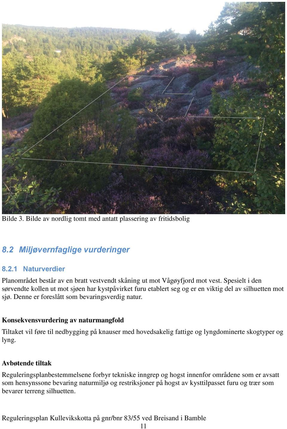 Konsekvensvurdering av naturmangfold Tiltaket vil føre til nedbygging på knauser med hovedsakelig fattige og lyngdominerte skogtyper og lyng.