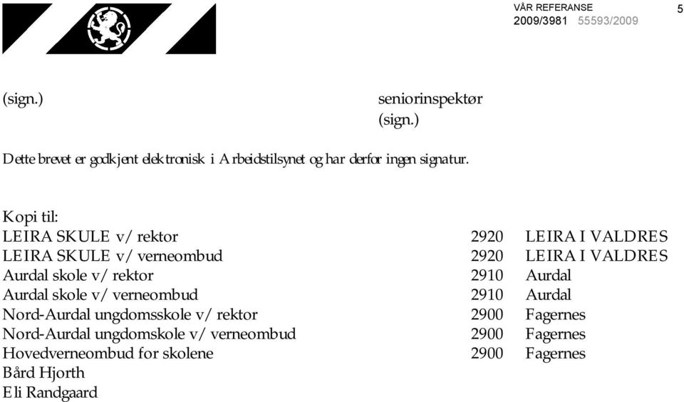 Kopi til: LEIRA SKULE v/ rektor 2920 LEIRA I VALDRES LEIRA SKULE v/ verneombud 2920 LEIRA I VALDRES Aurdal skole v/