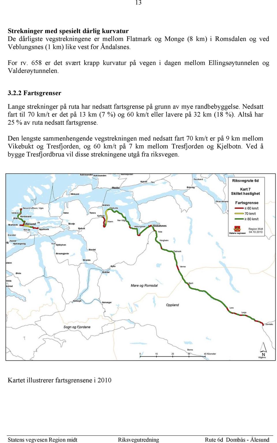 2 Fartsgrenser Lange strekninger på ruta har nedsatt fartsgrense på grunn av mye randbebyggelse. Nedsatt fart til 70 km/t er det på 13 km (7 %) og 60 km/t eller lavere på 32 km (18 %).