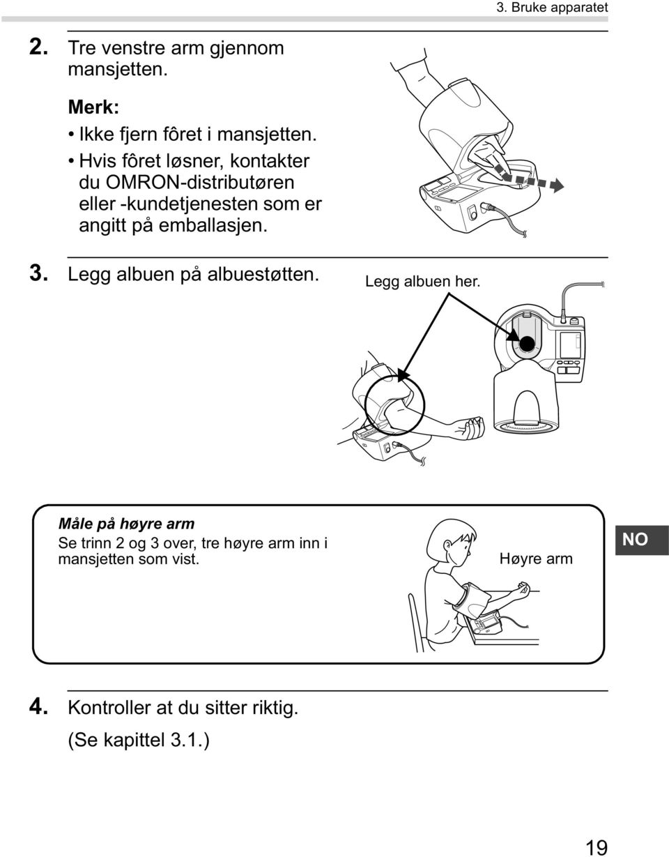 emballasjen. 3. Legg albuen på albuestøtten. Legg albuen her.