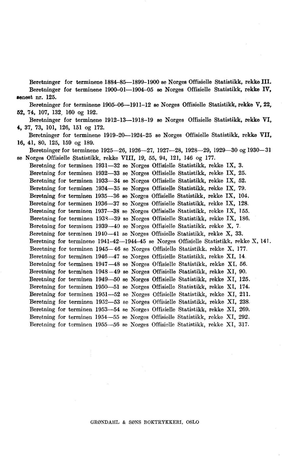Beretninger for terminene 1912-13-1918-19 se Norges Offisielle Statistikk, rekke VI, 4, 37, 73, 101, 126, 151 og 172.