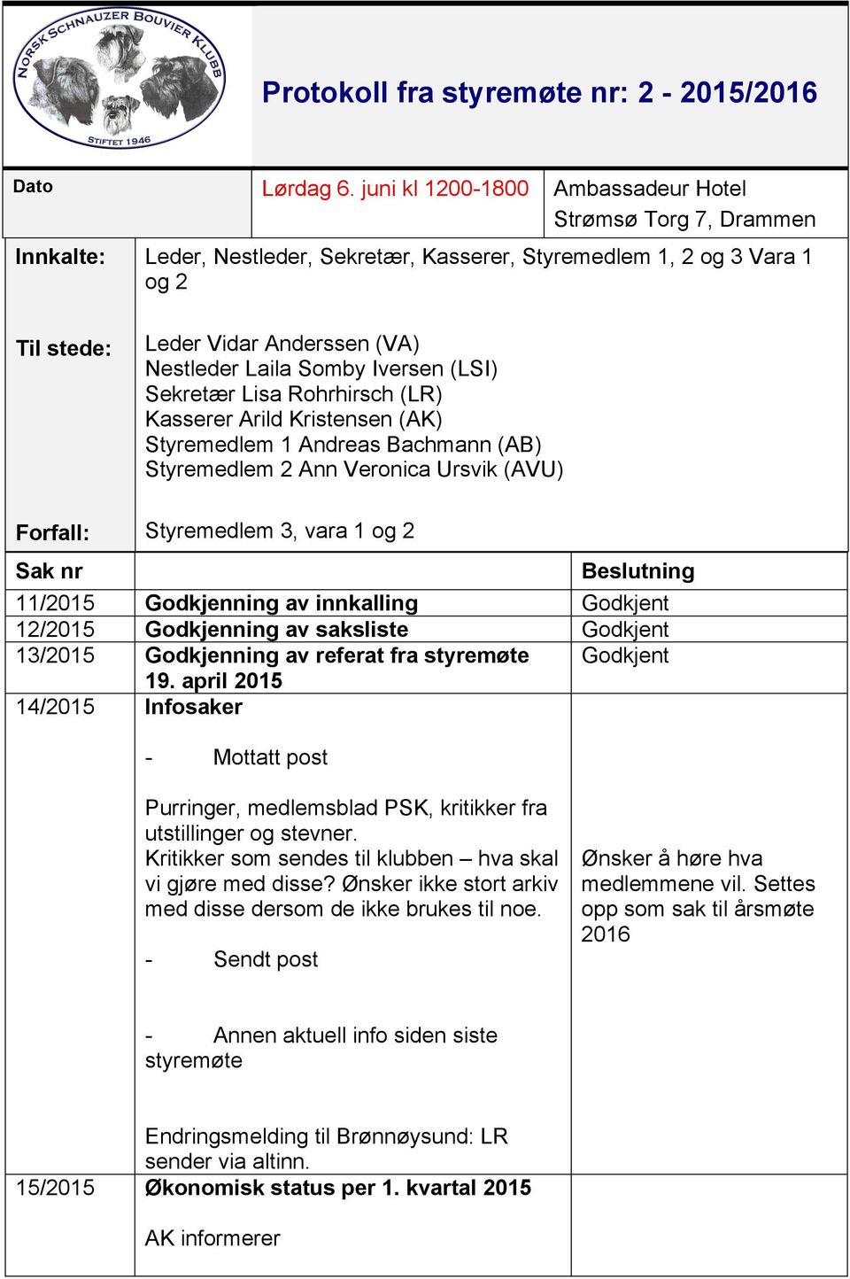 Somby Iversen (LSI) Sekretær Lisa Rohrhirsch (LR) Kasserer Arild Kristensen (AK) Styremedlem 1 Andreas Bachmann (AB) Styremedlem 2 Ann Veronica Ursvik (AVU) Forfall: Styremedlem 3, vara 1 og 2 Sak nr