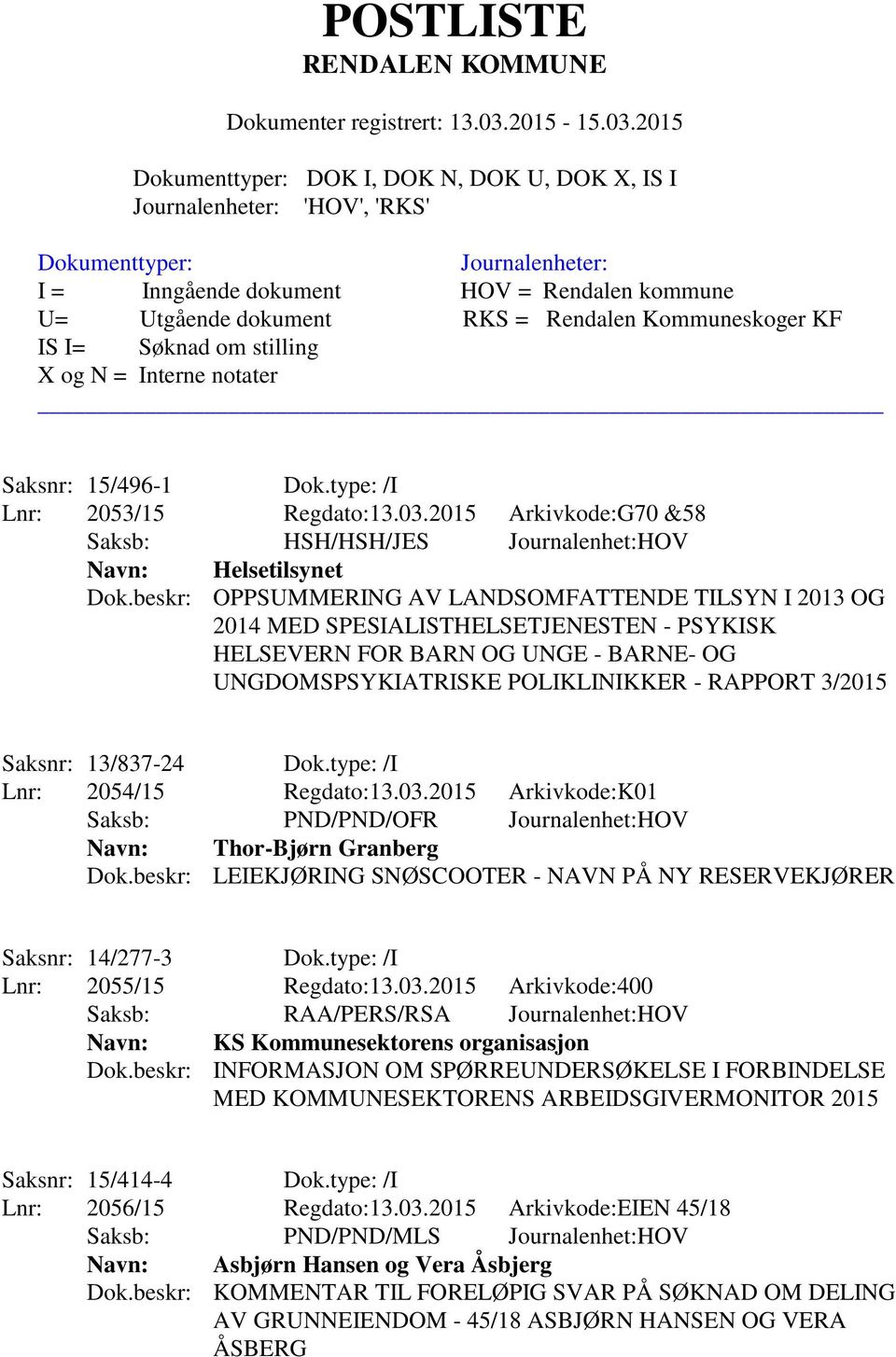 13/837-24 Dok.type: /I Lnr: 2054/15 Regdato:13.03.2015 Arkivkode:K01 Saksb: PND/PND/OFR Journalenhet:HOV Navn: Thor-Bjørn Granberg Dok.