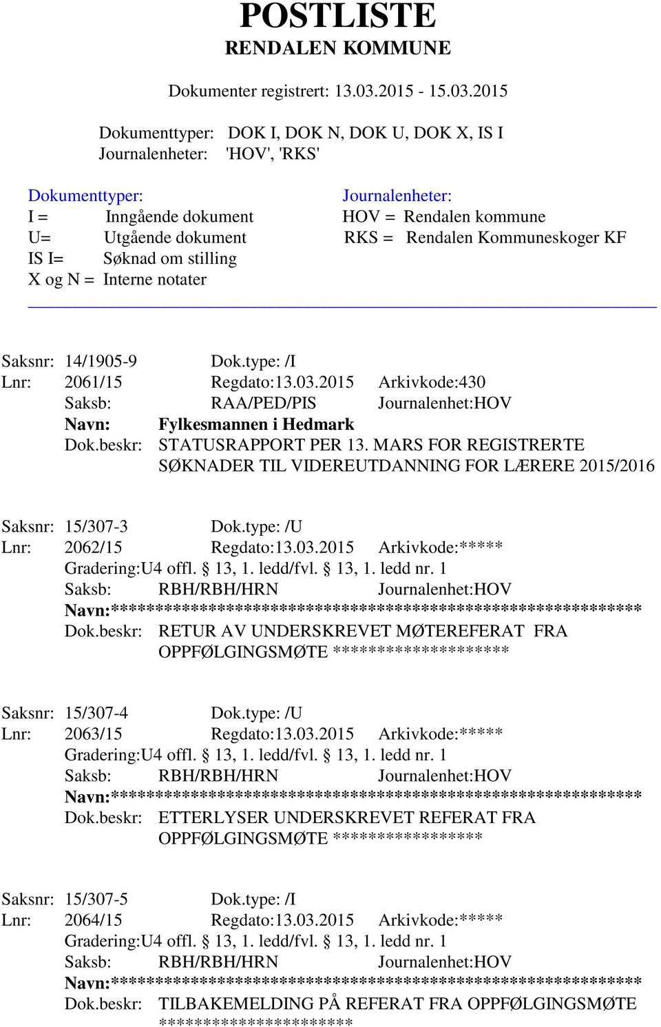 beskr: RETUR AV UNDERSKREVET MØTEREFERAT FRA OPPFØLGINGSMØTE ******************** Saksnr: 15/307-4 Dok.type: /U Lnr: 2063/15 Regdato:13.03.2015 Arkivkode:***** Saksb: RBH/RBH/HRN Journalenhet:HOV Dok.