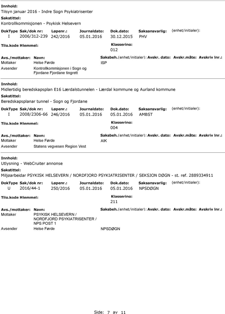 246/2016 004 Avs./mottaker: Navn: Saksbeh. Avskr. dato: Avskr.måte: Avskriv lnr.